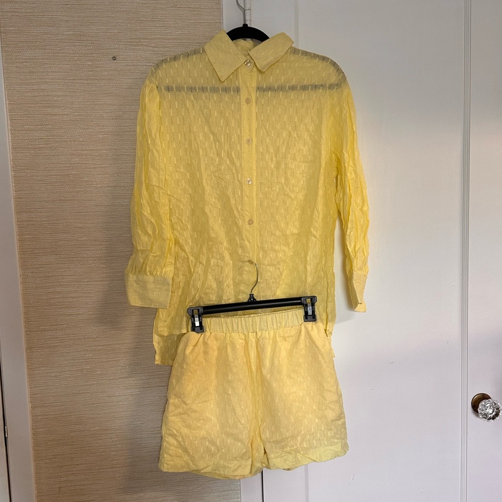Yellow eyelet Button-Up Shirt and Shorts Set